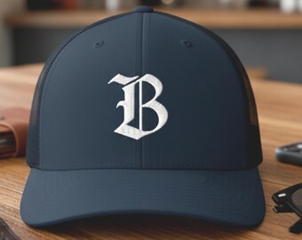 Boston Embroidered Trucker Hat, Old English B Snapback, Gothic Letter Embroidery, Unisex Adjustable Snapback
