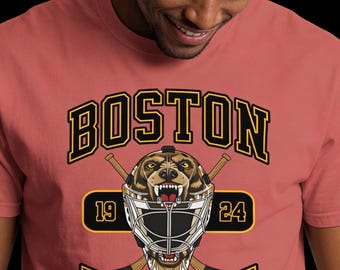 Boston Hockey T-Shirt, Vintage Goalie Mask Bear Mascot Tee, Black and Gold Pride Shirt