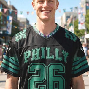 May include: A black short-sleeved jersey with a V-neck collar featuring green and white trim. The front displays the word PHILLY in green block letters above the large number 26. The number 26 also appears on each shoulder, with green stripes on the sleeves.