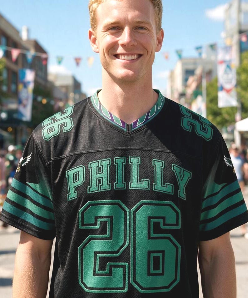 May include: A black short-sleeved jersey with a V-neck collar featuring green and white trim. The front displays the word PHILLY in green block letters above the large number 26. The number 26 also appears on each shoulder, with green stripes on the sleeves.