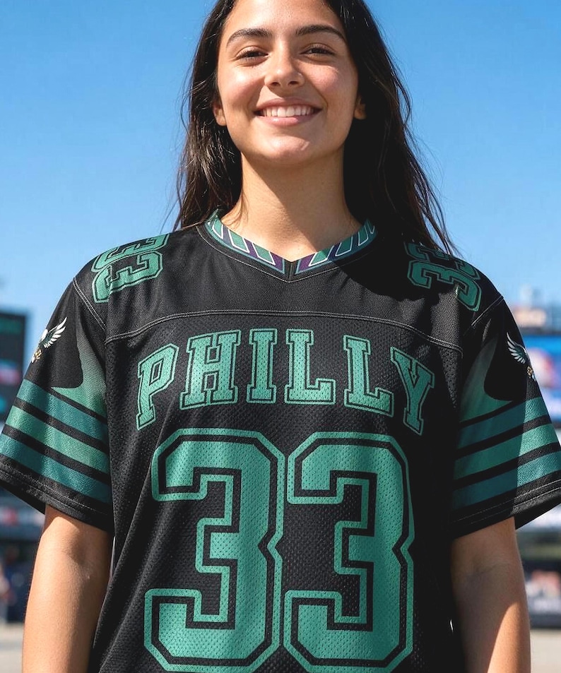 May include: A black athletic jersey with a V-neck collar featuring the word PHILLY in green letters across the chest and the number 33 in large green digits below. The sleeves have green stripes and the number 33 is printed on each shoulder.
