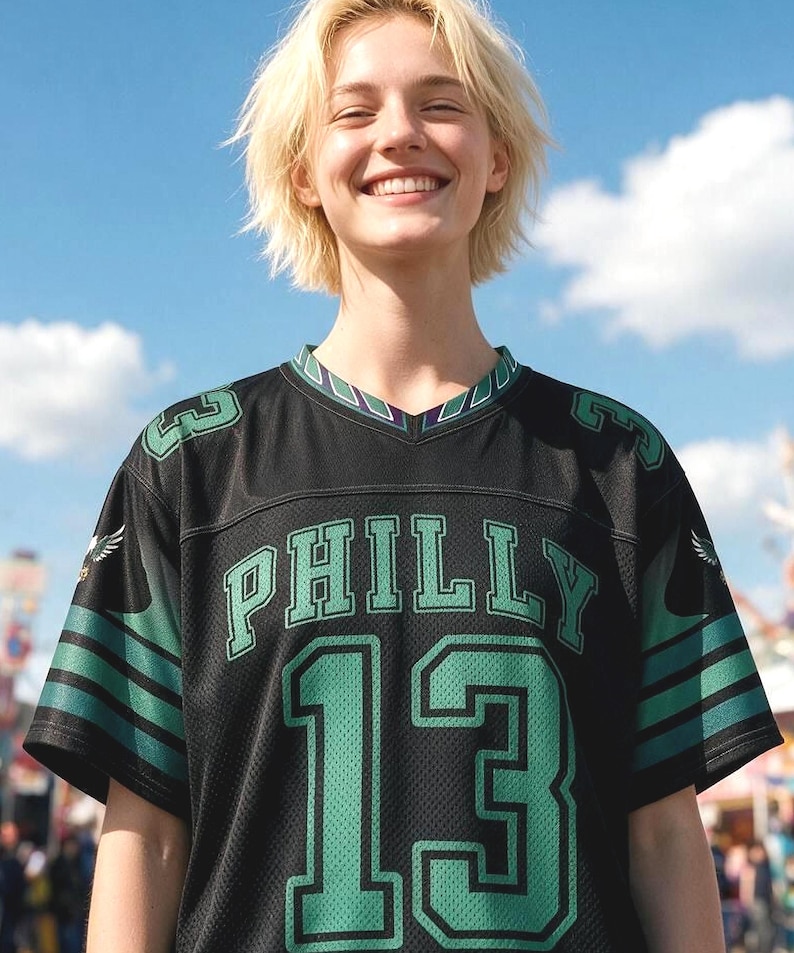 May include: A black short-sleeved sports jersey featuring the word PHILLY in green letters above the number 13 in large green font. The sleeves have green and black stripes with small eagle graphics, and the V-neck collar has green trim.
