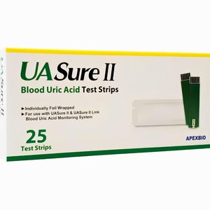 Puede incluir: Una caja de tiras reactivas de ácido úrico en sangre UA Sure II. La caja es blanca con detalles verdes y amarillos. El texto "UA Sure II" está en letras verdes grandes. La caja contiene 25 tiras reactivas, envueltas individualmente.