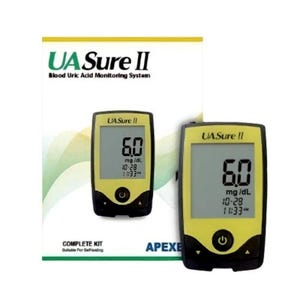 Puede incluir: Un sistema de control de ácido úrico en sangre, etiquetado como "UA Sure II", muestra una lectura de 6,0 mg/dL. El dispositivo tiene una pantalla amarilla y detalles en negro. El kit incluye el monitor y es apto para autoevaluación.
