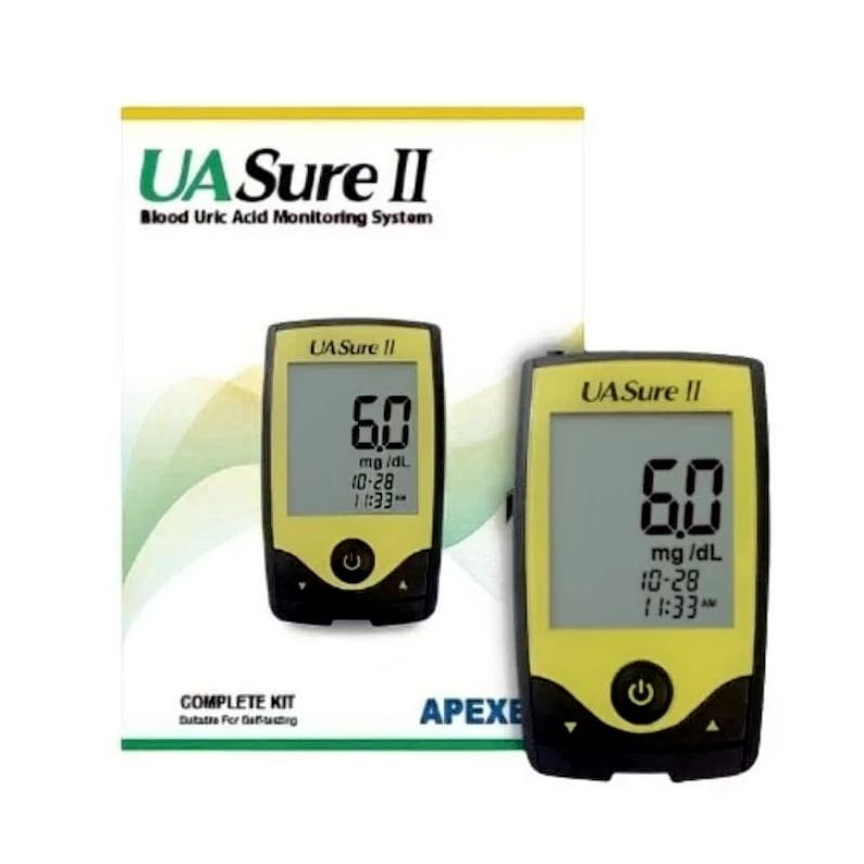 May include: A blood uric acid monitoring system, labeled "UA Sure II," displays a reading of 6.0 mg/dL. The device has a yellow screen and black accents. The kit includes the monitor and is suitable for self-testing.