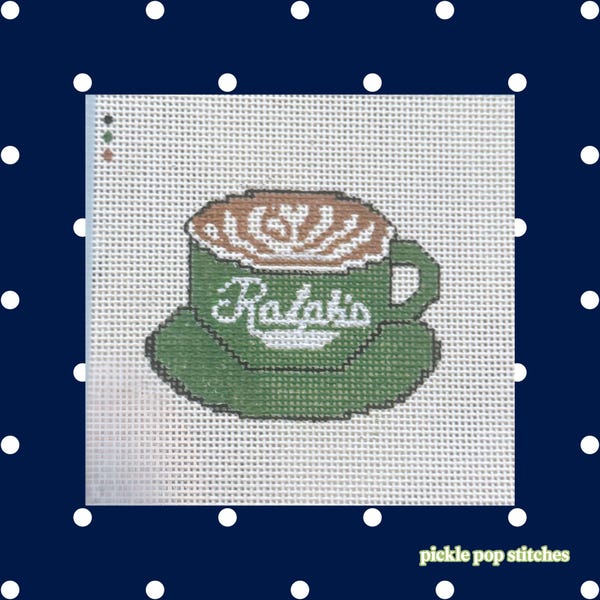 Tela ricamata a punto croce con motivo a tazza di caffè Ralph's, 13 maglie, dipinta a mano.