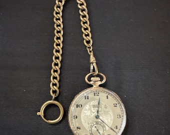 1922 Elgin 384 17j 12s Model 3 20yr Gold Filled Case W/Chain Pocket Watch~Runs