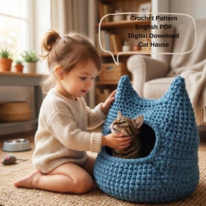 Patrón de cama para gatos a crochet en PDF, cueva para gatos de punto grueso, casa para gatos DIY, patrón de cama con orejas de gato, tutorial de cama para mascotas, descarga instantánea