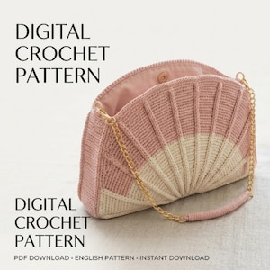 May include: A digital crochet pattern for a semi-circular clutch bag featuring a two-tone design in dusty pink and cream. The bag has a fan-like ribbed texture, a gold-tone metal chain strap, and a pink fabric lining with a visible snap button closure.