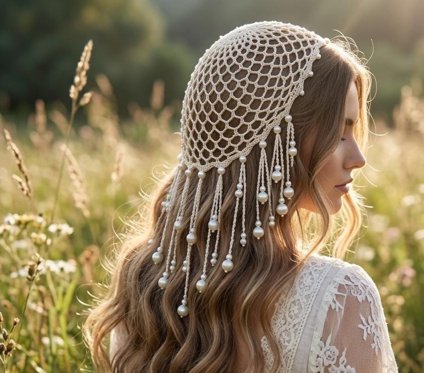 5 Crochet Wedding Veils and Bridal Patterns for Your Big Day 2 Crochet Pearl Hair Net