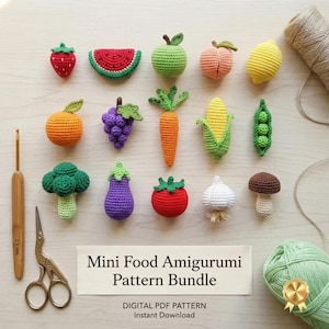 Ensemble de modèles au crochet de mini fruits et légumes amigurumi | Modèles alimentaires PDF (Téléchargement instantané)
