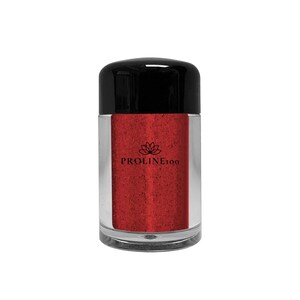 Puede incluir: Un pequeño frasco transparente con tapa negra, lleno de polvo rojo. El frasco tiene una banda plateada en el medio y el texto "PROLINE100" está impreso en blanco en la parte delantera, con un diseño floral encima.
