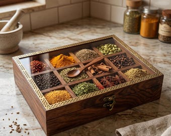 Indische Gewürzbox aus Palisander, Masala Dabba mit Glasdeckel, 12 Behälter, Gewürzhalter