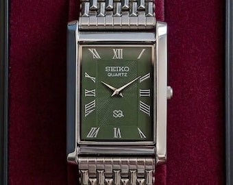 Vintage Seiko Tank Quartz Watch Green Roman Dial Restored 1990s