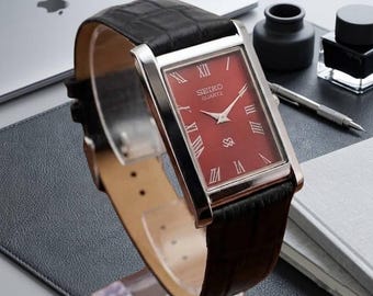 Vintage Seiko rode wijzerplaat quartzhorloge voor heren | Echt leren band gerenoveerd
