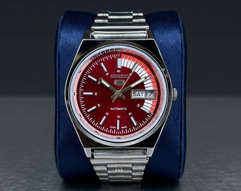 Vintage Seiko 5 Automatic Watch Red Dial Restored 1980