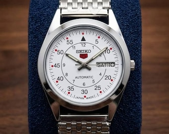 Vintage Seiko 5 automatisch herenhorloge, witte wijzerplaat Japans gemaakt polshorloge
