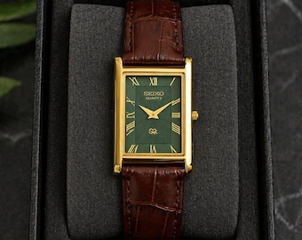 Vintage Seiko Tank Watch for Men Rectangular Case Green Roman Numeral Dial Refurbished