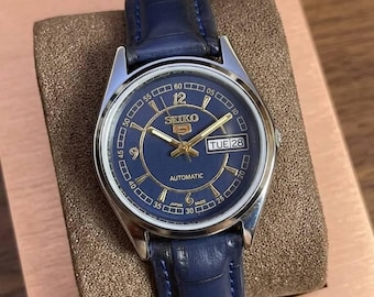 Relógio Seiko 5 Automático Vintage Masculino com Mostrador Azul e Pulseira de Couro Restaurado