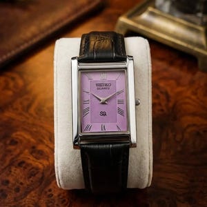 Vintage Seiko Tank Watch for Men Slim Quartz Wrist Watch, Purple Dial Restored