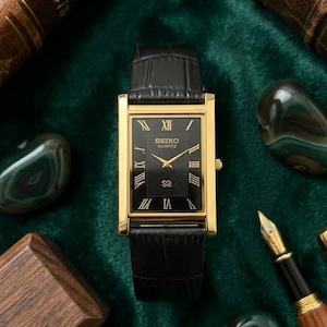 Vintage Seiko Tank Watch Gold Plated, Black Dial Quartz Watch For Men's
