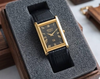 Vintage Seiko slank tankkwartshorloge voor heren zwarte wijzerplaat jaren 90 gerenoveerd