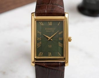 Vintage Seiko Panzeruhr Vergoldet Grünes römisches Ziffernblatt Seiko Quarz 1990s Refurbliert