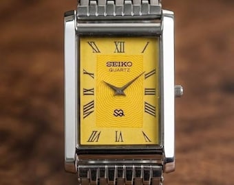 Vintage Seiko tankhorloge | Jurkhorloge met gele Romeinse wijzerplaat | Gerenoveerd