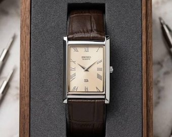 Vintage Seiko Slim Tank Quartz Watch White Dial Roman Numerals Rectangular Dress Watch Restored