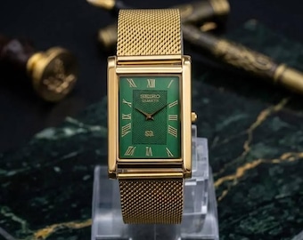 Vintage Seiko Tank herenhorloge verguld, groene Romeinse wijzerplaat quartz