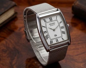 Vintage Seiko quartz-tankhorloge voor heren en dames | Klassiek jurkhorloge met witte wijzerplaat en Romeinse cijfers