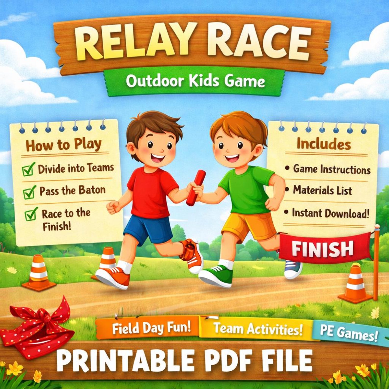 Field Games Relay Race Printable Game Card | Outdoor Kids Field Day Activity (PDF ...