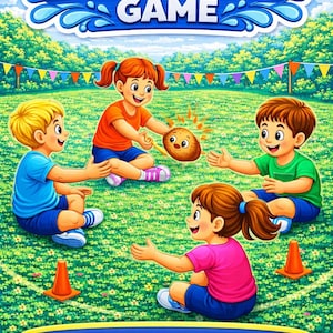 Może przedstawiać: Ilustracja dzieci grających w grę Gorący Ziemniak na świeżym powietrzu. Obraz przedstawia czworo dzieci podających sobie kartofel z kreskówki. Tytuł gry jest wyświetlany powyżej, ze słowami "Exciting Outdoor Fun!" poniżej.