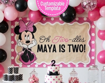 ミニー・トゥードルズをイメージした誕生日バナー｜印刷可能なCanvaテンプレート（デジタルダウンロード）