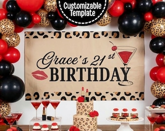 ヒョウ/チーター柄バースデーバナー | 編集可能なCanvaテンプレート | 6x2または5x3サイズで印刷可能