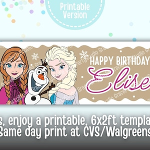 Puede incluir: Una pancarta con los personajes de dibujos animados Anna, Elsa y Olaf de la pel&iacute;cula Frozen, con el texto "Happy Birthday Elise". La pancarta mide 1,8 x 6 metros y tiene un fondo marr&oacute;n claro con copos de nieve.