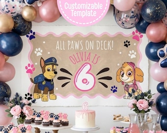 パトロールの肉球をモチーフにした誕生日バナー｜編集可能なCanvaテンプレート｜印刷可能な6x2インチまたは5x3インチ