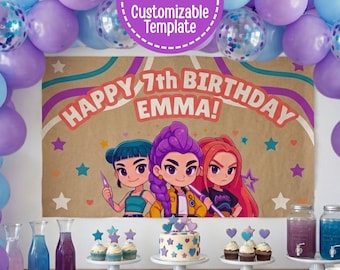 デーモンハンターズ風バースデーバナーテンプレート｜編集可能なK-POP Canvaデザイン（デジタルダウンロード）