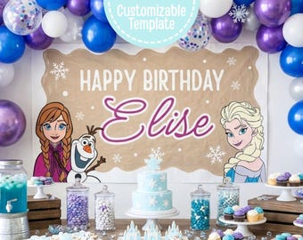 アナと雪の女王をテーマにした誕生日バナー｜編集可能なCanvaテンプレート｜印刷可能サイズ：2x6インチまたは3x5インチ