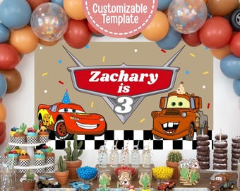 車をテーマにした誕生日バナー｜編集可能なCanvaテンプレート｜印刷可能な6x2インチまたは5x3インチ