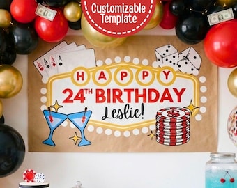 ラスベガスバースデーバナー｜編集可能なCanvaテンプレート｜印刷可能サイズ：6x2インチまたは5x3インチ