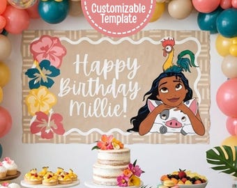 Banner de cumpleaños inspirado en Moana / Plantilla editable de Canva / Imprimible en 6x2 o 5x3