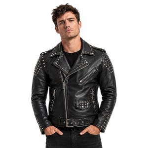 Men's Black Studded Leather Biker Jacket, Punk Rock Motorcycle Coat, Handmade Outerwear