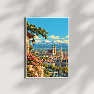 Pode incluir: Uma impressão artística vertical que retrata uma paisagem urbana com uma catedral proeminente de duas torres com cúpula, rodeada por edifícios com telhados vermelhos, um rio e árvores verdes, sob montanhas nevadas e um céu azul claro.