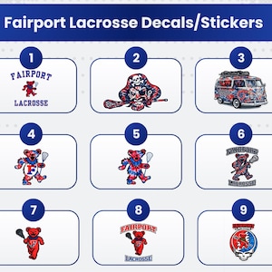 Könnte beinhalten: Eine Sammlung von Fairport Lacrosse Aufklebern und Stickern. Designs umfassen ein Bärenmaskottchen mit Lacrosse-Schlägern, einen Totenkopf mit einem Lacrosse-Schläger und einen bunten VW-Bus. Der Text "Fairport Lacrosse" ist auf mehreren Designs zu sehen.