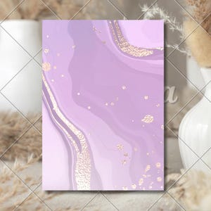 May include: A rectangular print featuring a swirling marble pattern in various shades of light purple and lavender, accented with textured rose gold foil details that create a shimmering effect across the surface of the design.