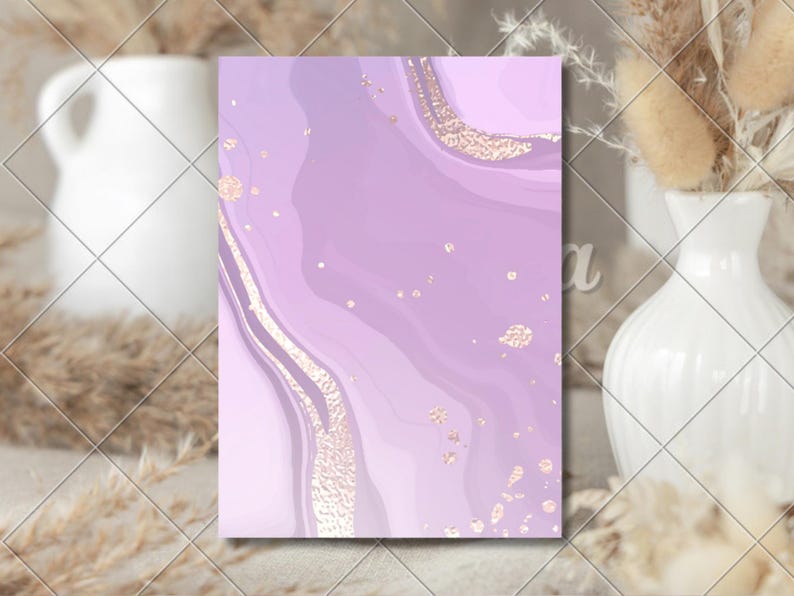 May include: A rectangular print featuring a swirling marble pattern in various shades of light purple and lavender, accented with textured rose gold foil details that create a shimmering effect across the surface of the design.