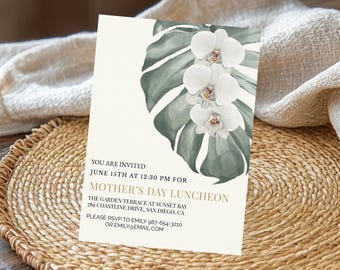 White Orchids Mother's Day Brunch Invitation, Tropical Floral Brunch Invite, Elegant Canva Template Download