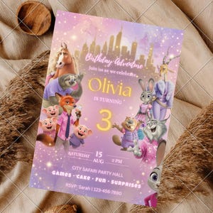 May include: A rectangular birthday invitation card featuring a purple and pink gradient background with a city skyline. The text reads Birthday Adventure, Olivia is turning 3, Saturday 15 Aug 2 PM, City Safari Party Hall, Games, Cake, Fun, Surprises.