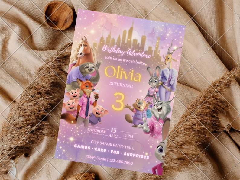 May include: A rectangular birthday invitation card featuring a purple and pink gradient background with a city skyline. The text reads Birthday Adventure, Olivia is turning 3, Saturday 15 Aug 2 PM, City Safari Party Hall, Games, Cake, Fun, Surprises.